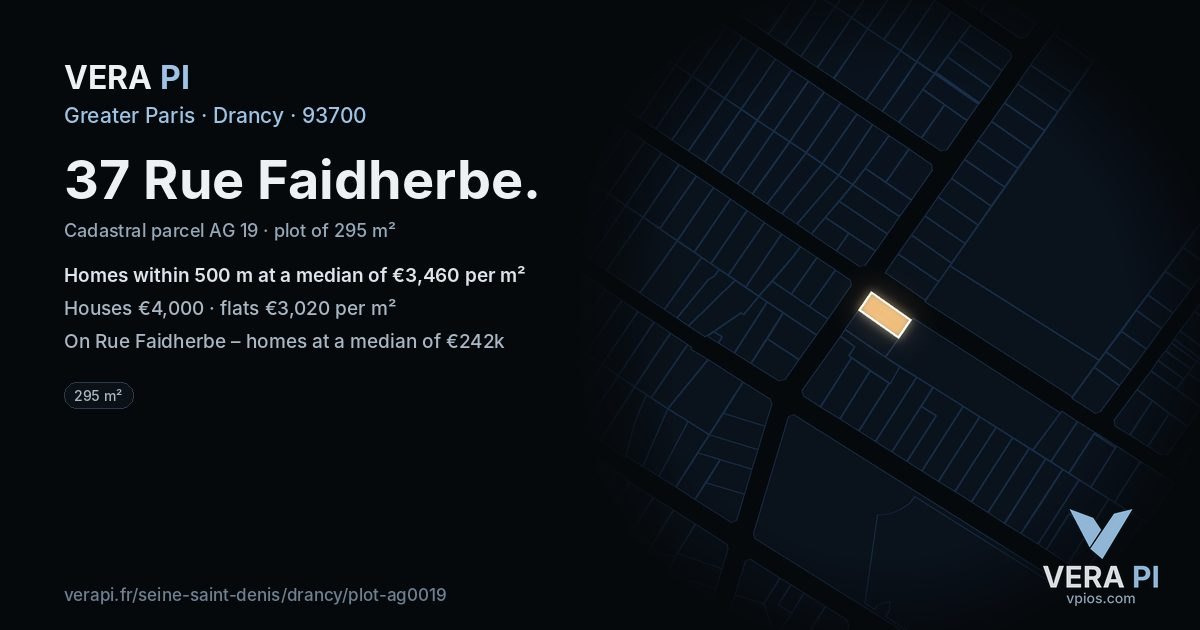 37 Rue Faidherbe, Drancy at night – the plot lit, the parcels around coloured by the prices near them