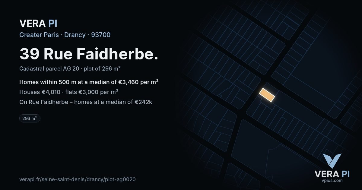 39 Rue Faidherbe, Drancy at night – the plot lit, the parcels around coloured by the prices near them