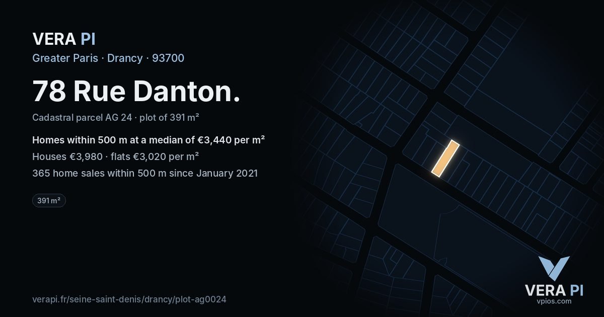 78 Rue Danton, Drancy at night – the plot lit, the parcels around coloured by the prices near them