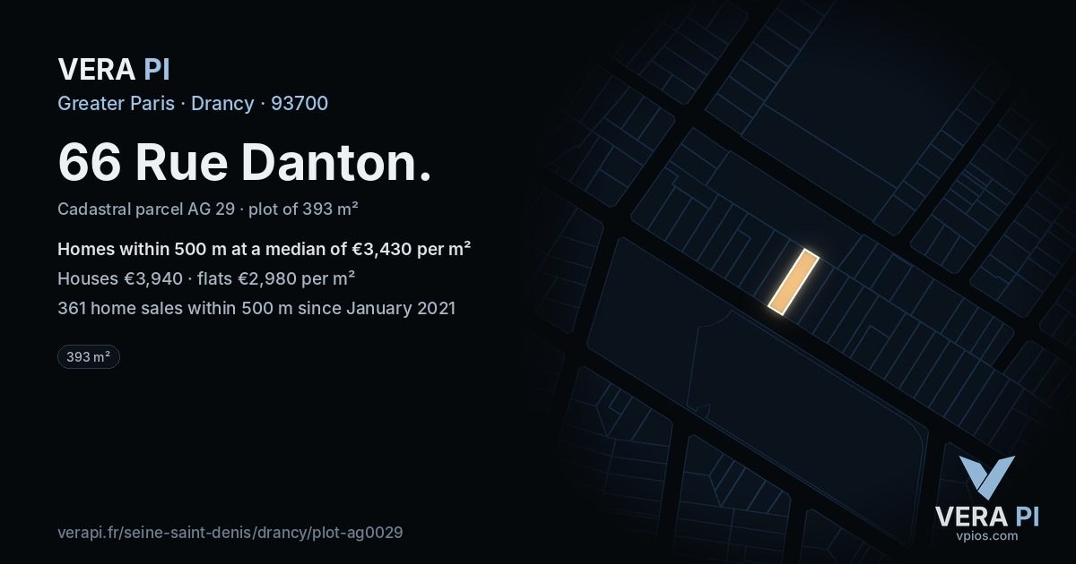 66 Rue Danton, Drancy at night – the plot lit, the parcels around coloured by the prices near them