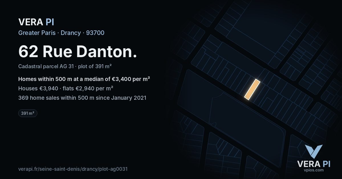 62 Rue Danton, Drancy at night – the plot lit, the parcels around coloured by the prices near them