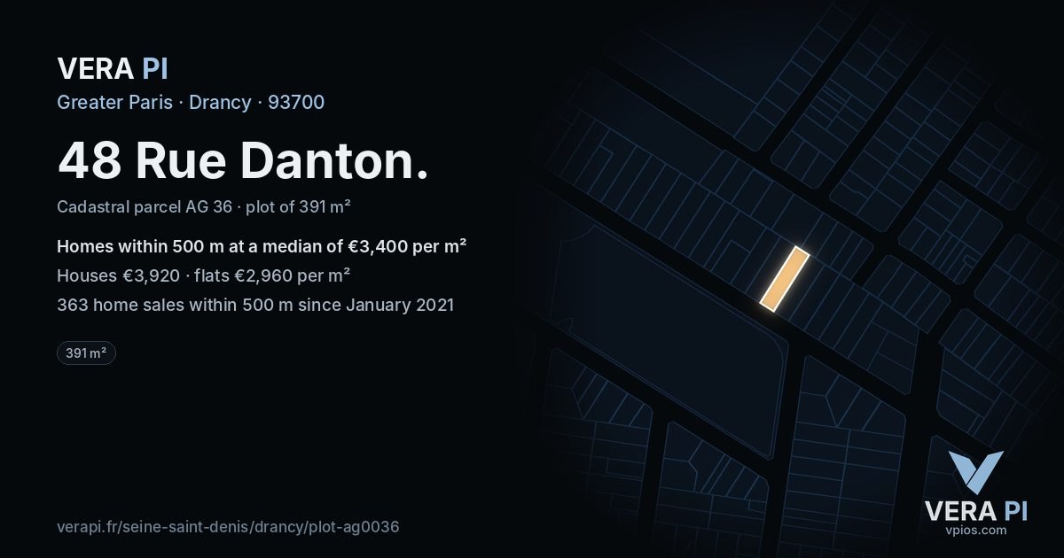 48 Rue Danton, Drancy at night – the plot lit, the parcels around coloured by the prices near them