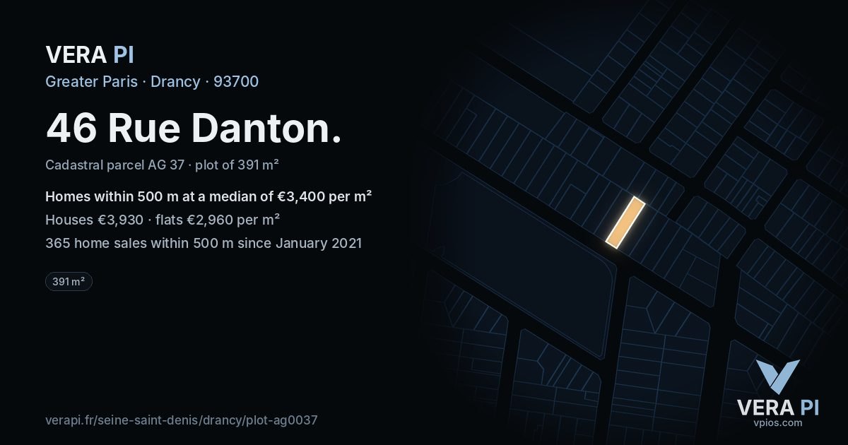46 Rue Danton, Drancy at night – the plot lit, the parcels around coloured by the prices near them