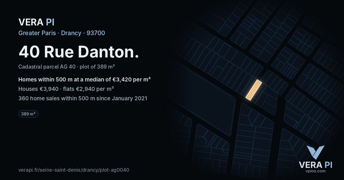 40 Rue Danton, Drancy at night – the plot lit, the parcels around coloured by the prices near them