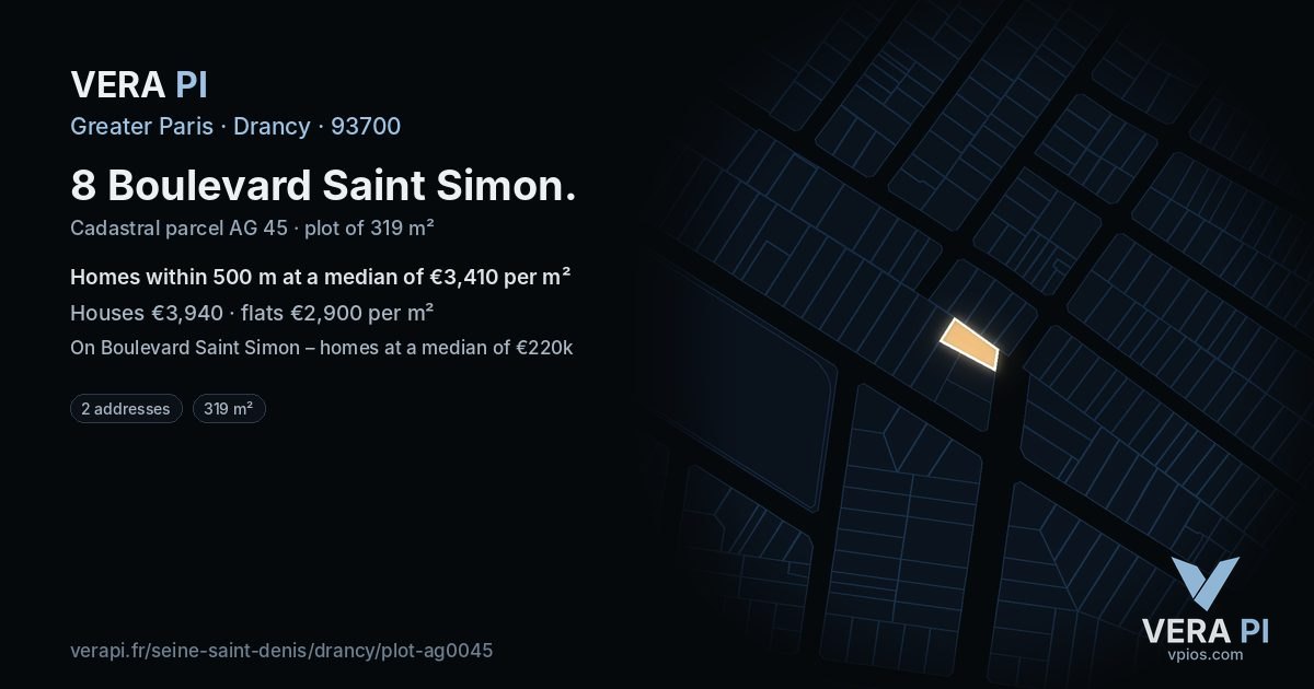 8 Boulevard Saint Simon, Drancy at night – the plot lit, the parcels around coloured by the prices near them
