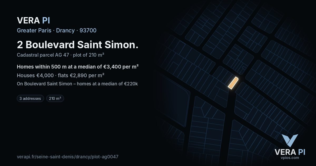 2 Boulevard Saint Simon, Drancy at night – the plot lit, the parcels around coloured by the prices near them