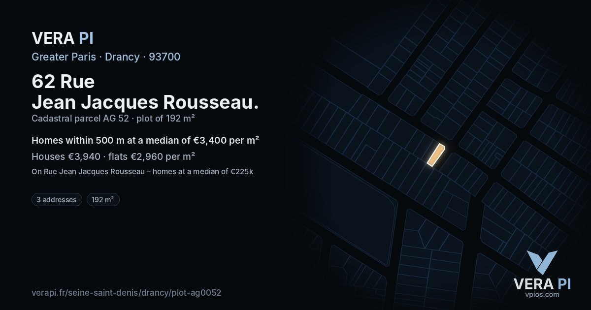 62 Rue Jean Jacques Rousseau, Drancy at night – the plot lit, the parcels around coloured by the prices near them