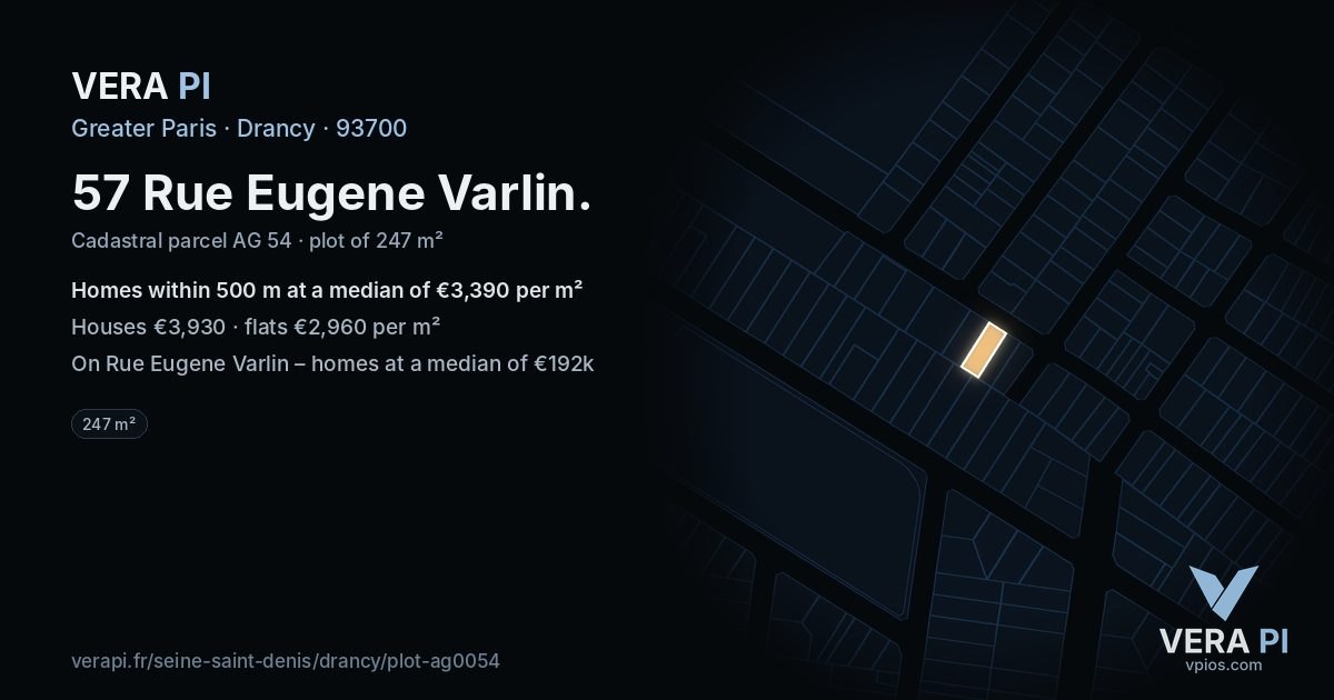 57 Rue Eugene Varlin, Drancy at night – the plot lit, the parcels around coloured by the prices near them
