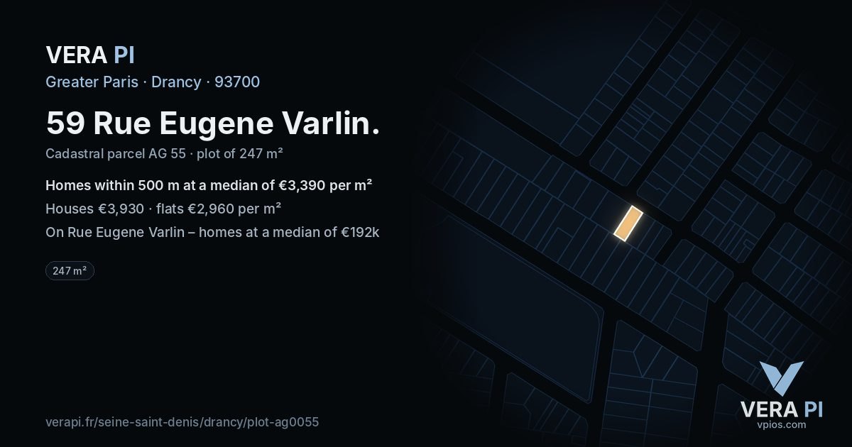 59 Rue Eugene Varlin, Drancy at night – the plot lit, the parcels around coloured by the prices near them