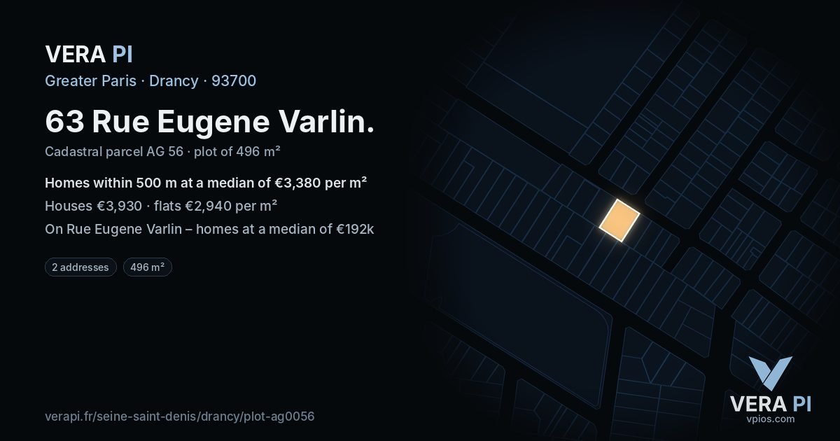 63 Rue Eugene Varlin, Drancy at night – the plot lit, the parcels around coloured by the prices near them