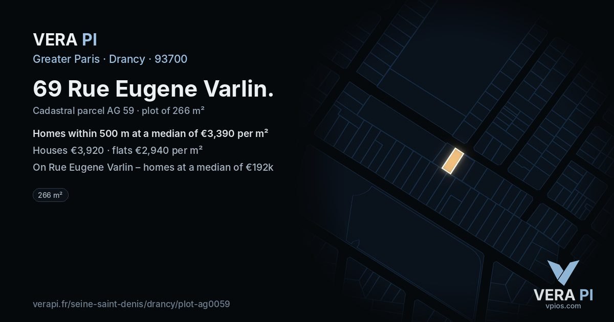 69 Rue Eugene Varlin, Drancy at night – the plot lit, the parcels around coloured by the prices near them