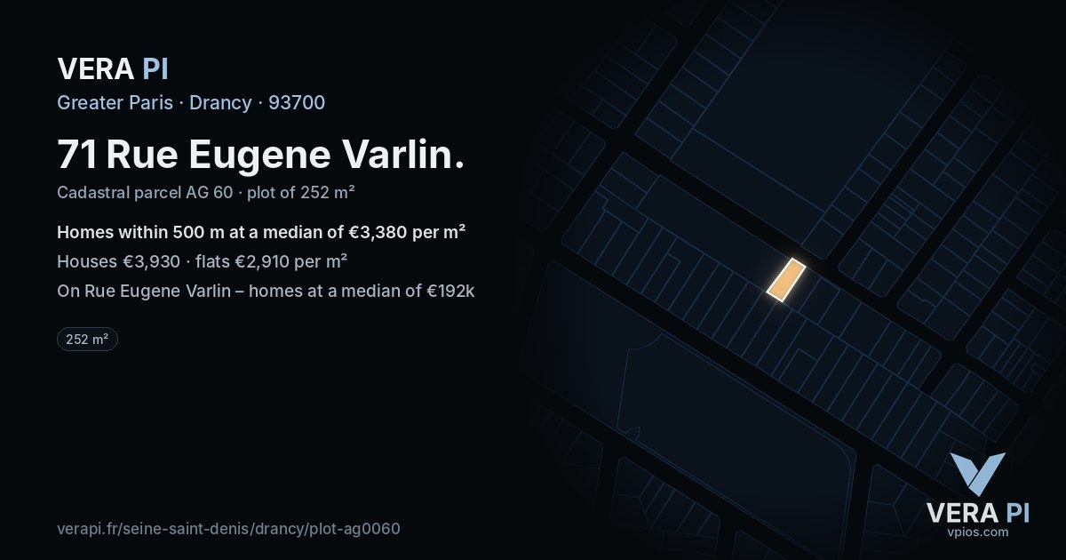 71 Rue Eugene Varlin, Drancy at night – the plot lit, the parcels around coloured by the prices near them