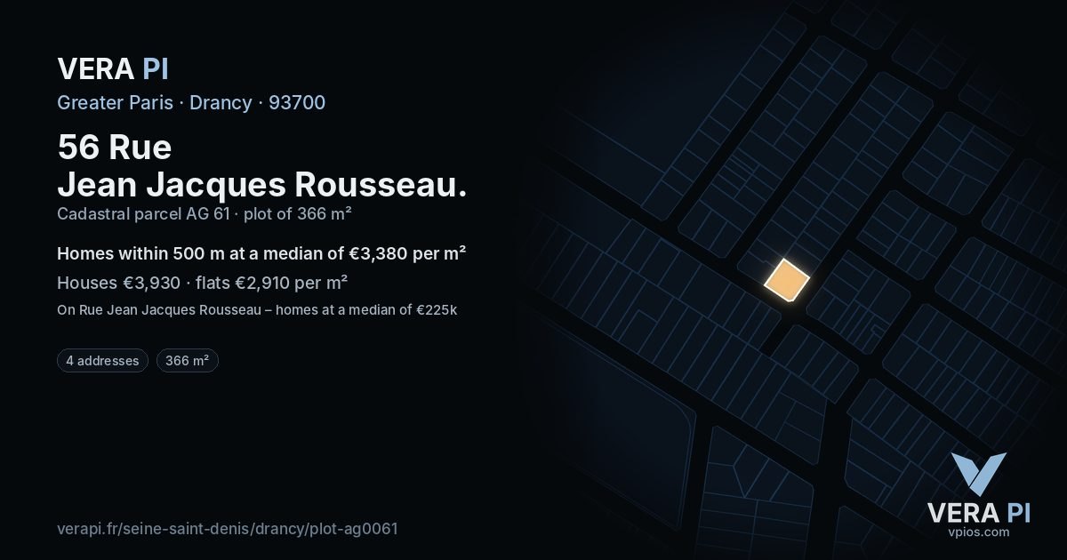 56 Rue Jean Jacques Rousseau, Drancy at night – the plot lit, the parcels around coloured by the prices near them