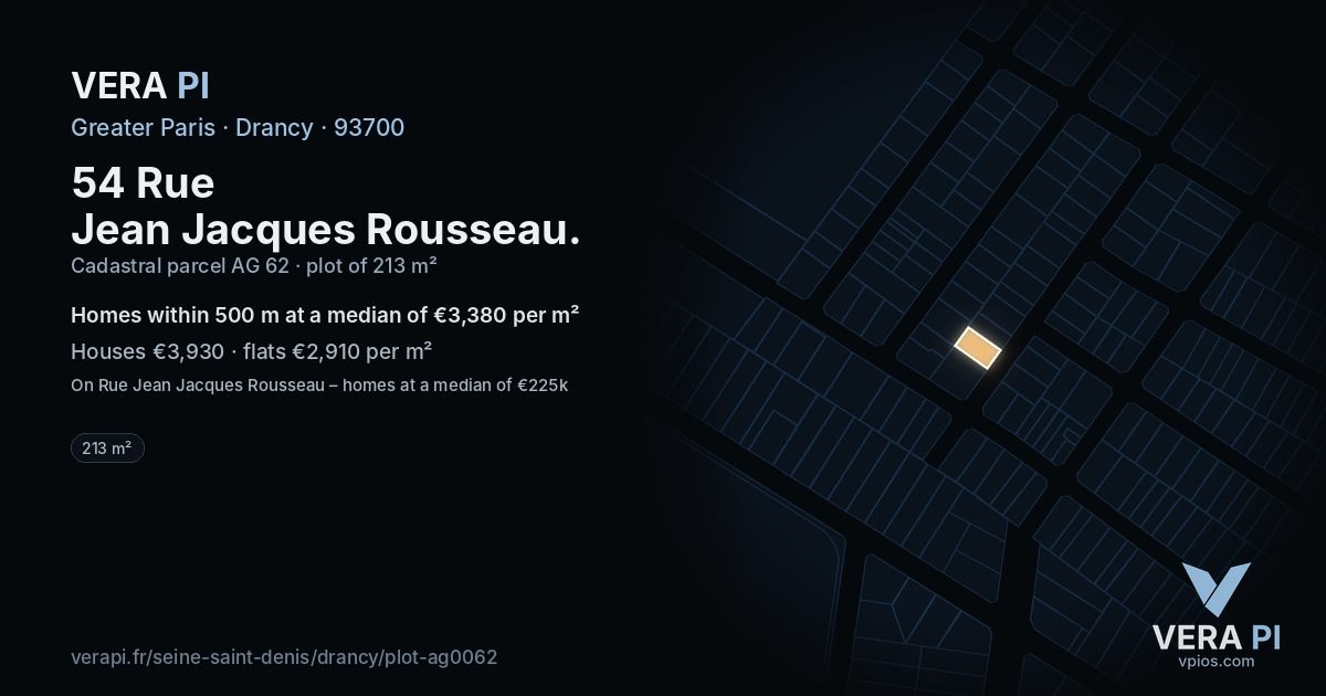 54 Rue Jean Jacques Rousseau, Drancy at night – the plot lit, the parcels around coloured by the prices near them
