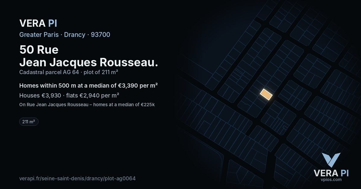 50 Rue Jean Jacques Rousseau, Drancy at night – the plot lit, the parcels around coloured by the prices near them