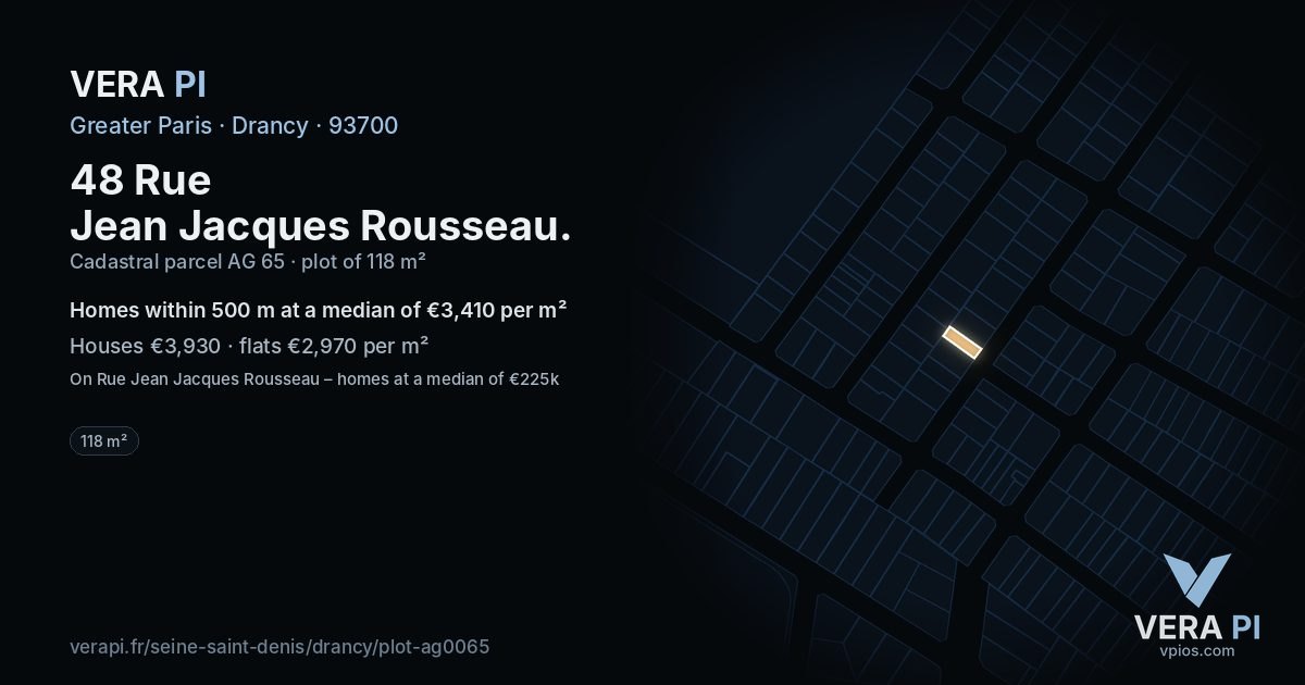 48 Rue Jean Jacques Rousseau, Drancy at night – the plot lit, the parcels around coloured by the prices near them