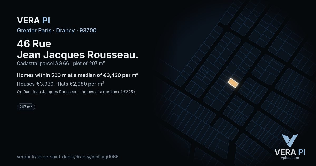 46 Rue Jean Jacques Rousseau, Drancy at night – the plot lit, the parcels around coloured by the prices near them