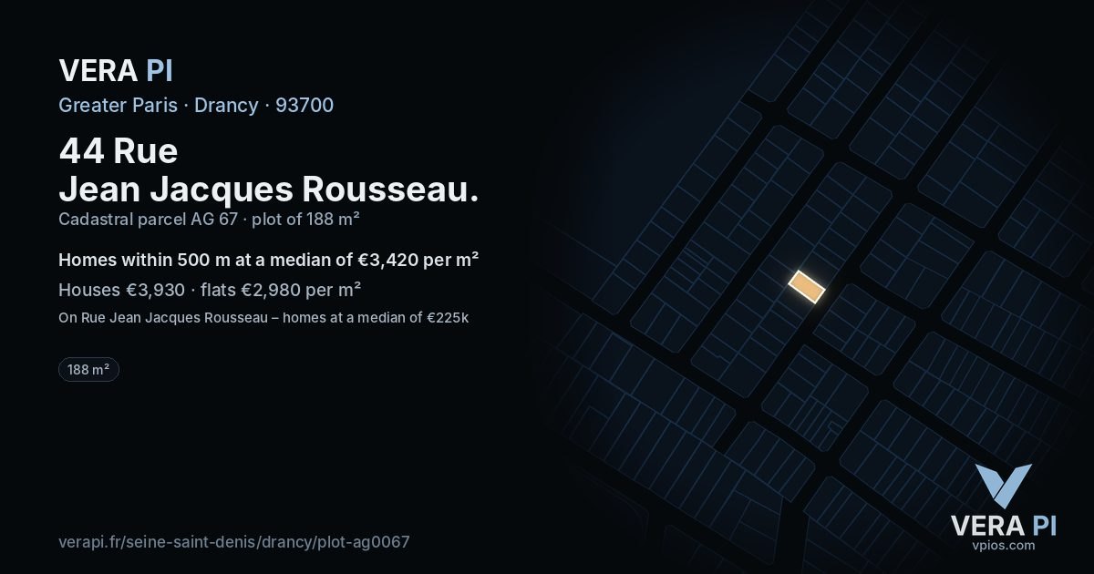 44 Rue Jean Jacques Rousseau, Drancy at night – the plot lit, the parcels around coloured by the prices near them