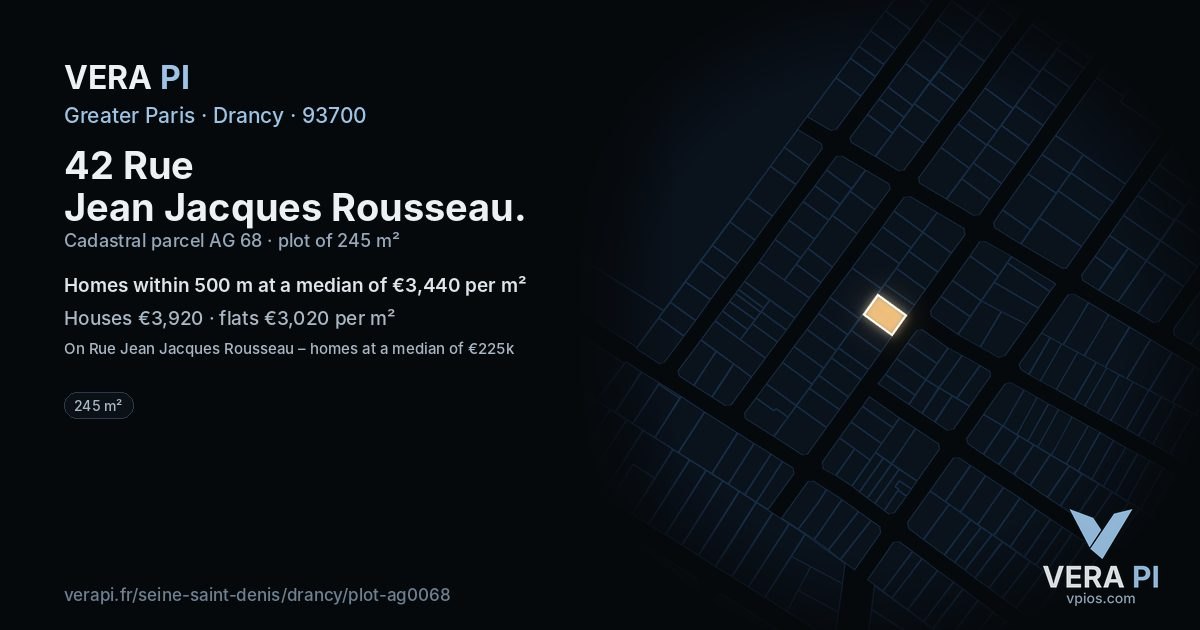 42 Rue Jean Jacques Rousseau, Drancy at night – the plot lit, the parcels around coloured by the prices near them