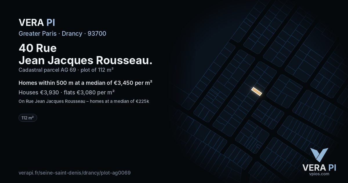 40 Rue Jean Jacques Rousseau, Drancy at night – the plot lit, the parcels around coloured by the prices near them