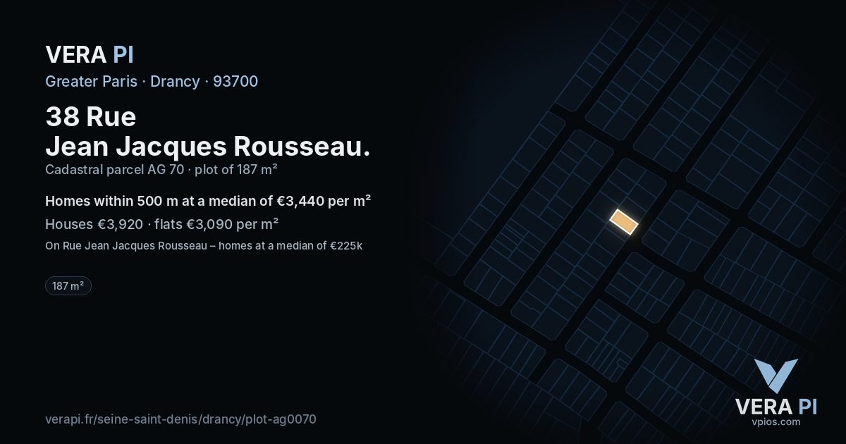 38 Rue Jean Jacques Rousseau, Drancy at night – the plot lit, the parcels around coloured by the prices near them