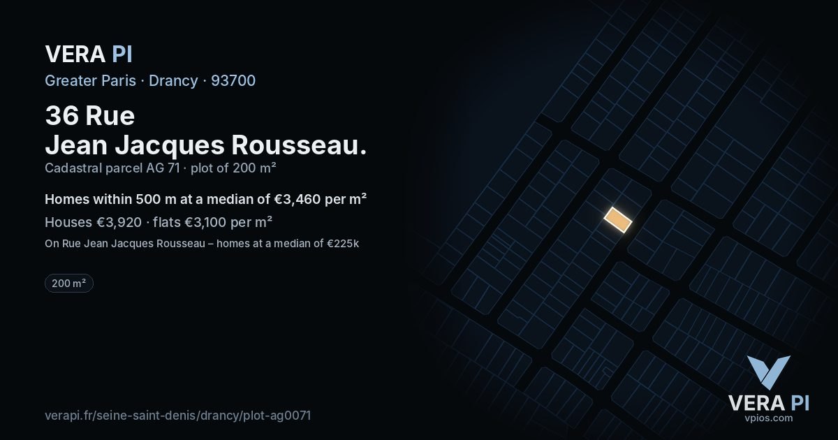 36 Rue Jean Jacques Rousseau, Drancy at night – the plot lit, the parcels around coloured by the prices near them