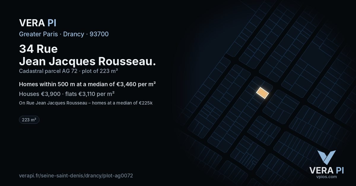 34 Rue Jean Jacques Rousseau, Drancy at night – the plot lit, the parcels around coloured by the prices near them