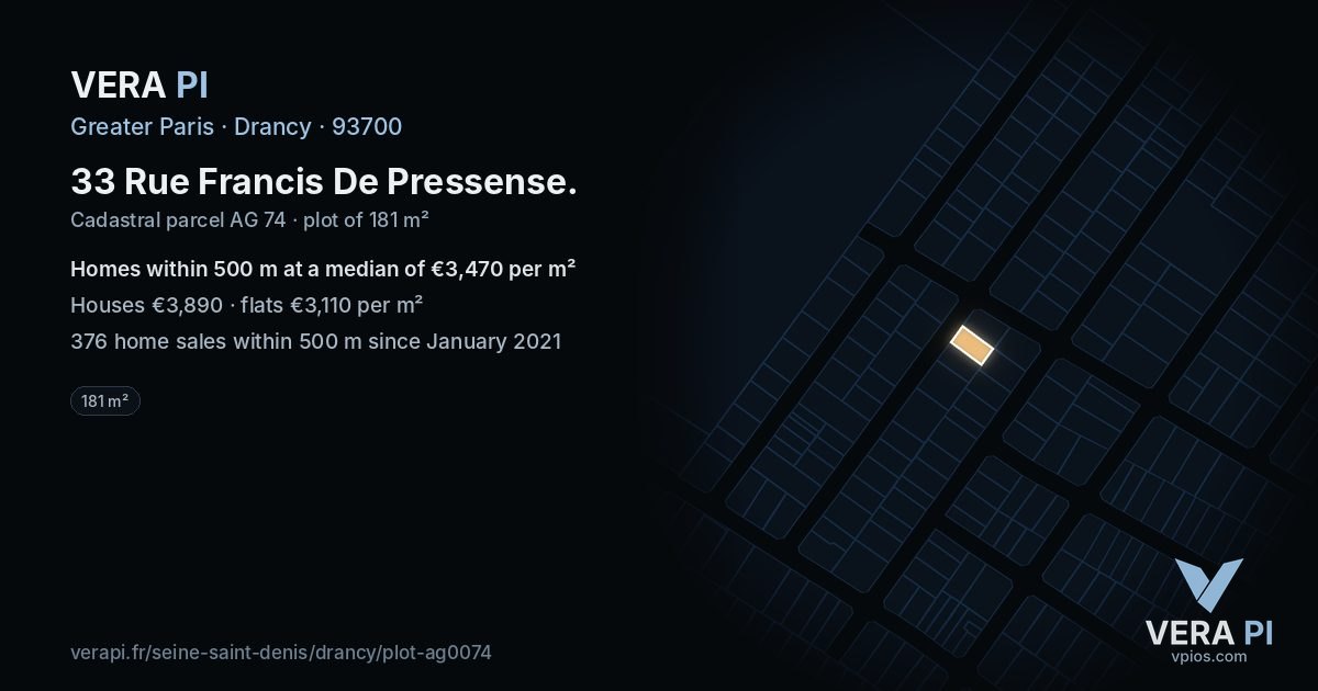 33 Rue Francis De Pressense, Drancy at night – the plot lit, the parcels around coloured by the prices near them