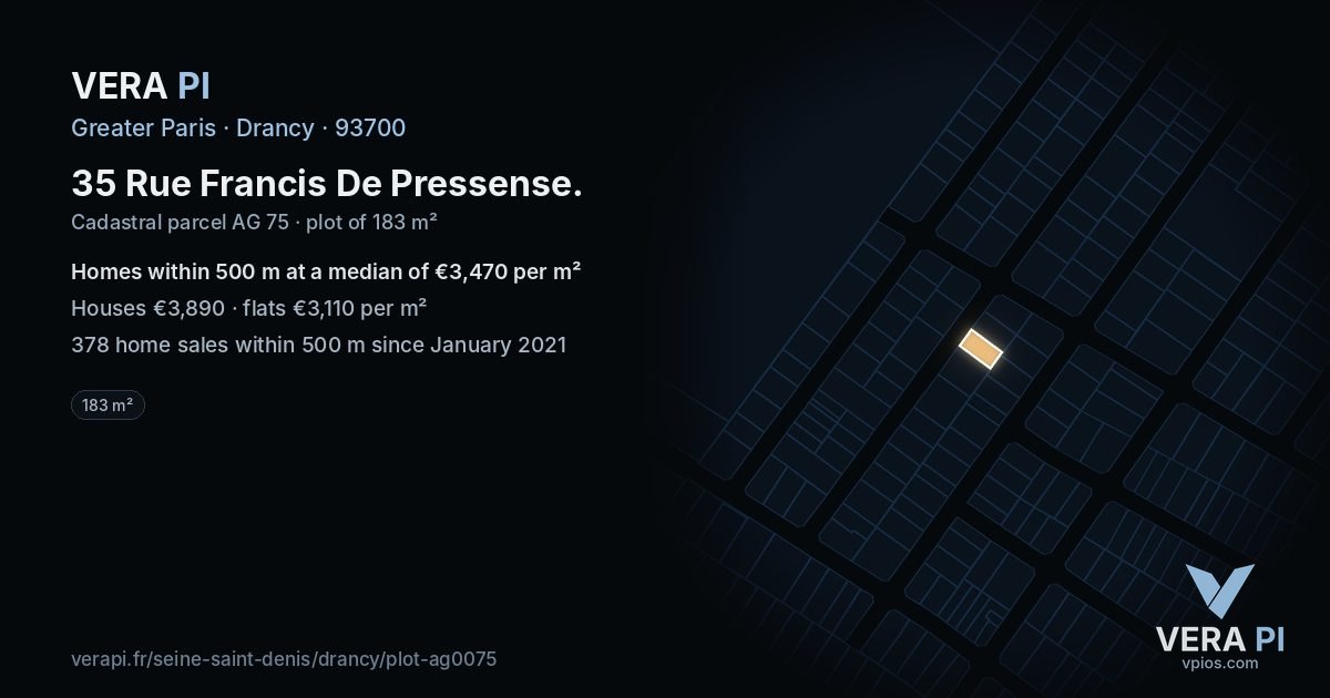 35 Rue Francis De Pressense, Drancy at night – the plot lit, the parcels around coloured by the prices near them