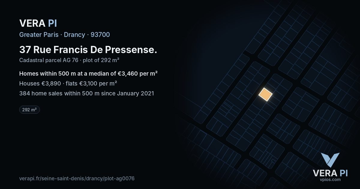 37 Rue Francis De Pressense, Drancy at night – the plot lit, the parcels around coloured by the prices near them