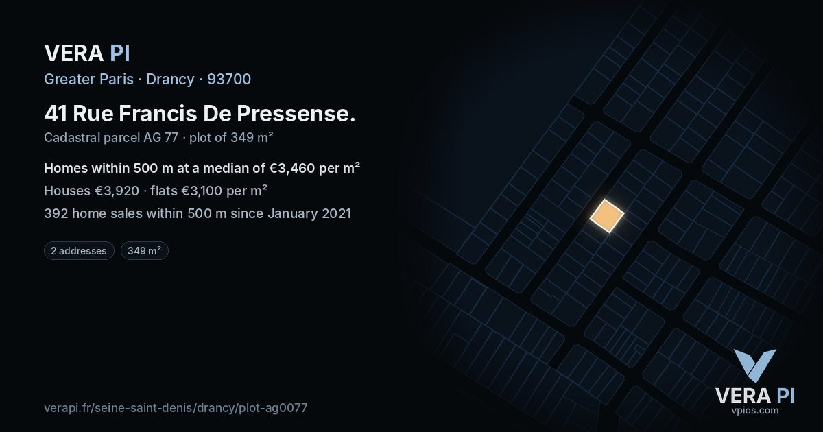 41 Rue Francis De Pressense, Drancy at night – the plot lit, the parcels around coloured by the prices near them