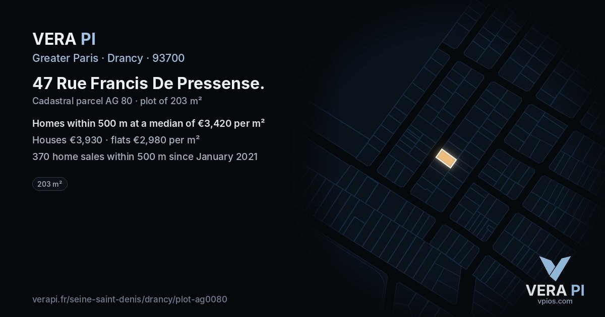47 Rue Francis De Pressense, Drancy at night – the plot lit, the parcels around coloured by the prices near them