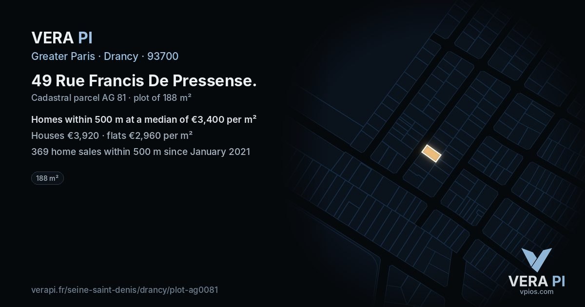 49 Rue Francis De Pressense, Drancy at night – the plot lit, the parcels around coloured by the prices near them