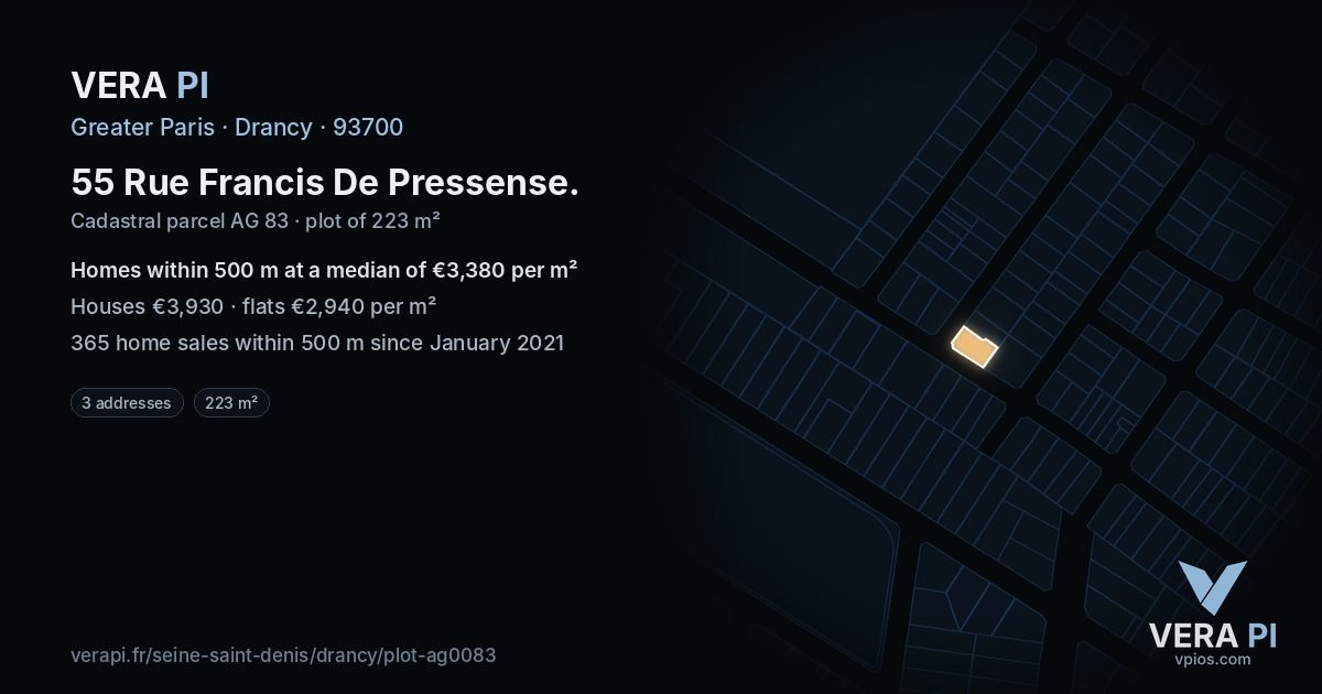 55 Rue Francis De Pressense, Drancy at night – the plot lit, the parcels around coloured by the prices near them
