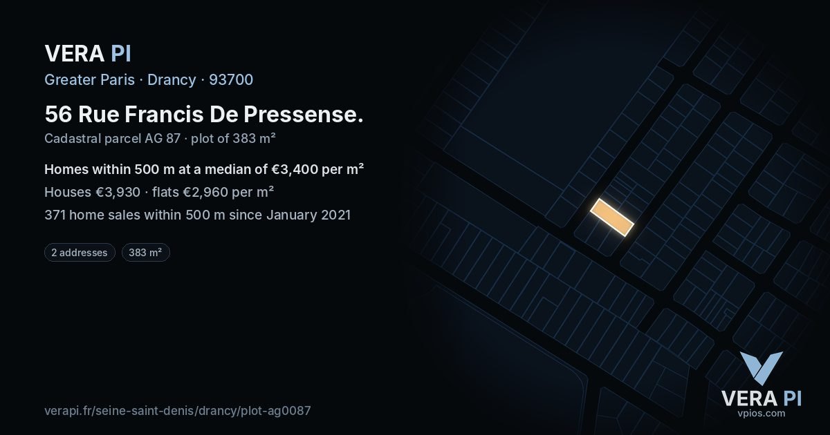 56 Rue Francis De Pressense, Drancy at night – the plot lit, the parcels around coloured by the prices near them