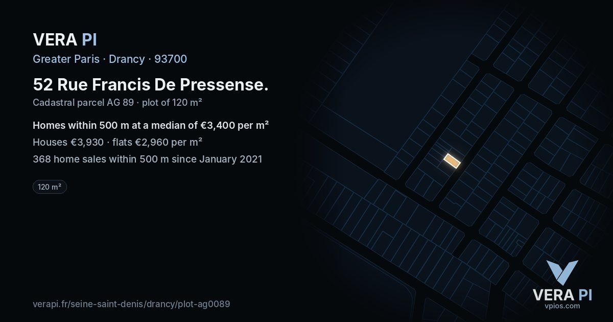 52 Rue Francis De Pressense, Drancy at night – the plot lit, the parcels around coloured by the prices near them