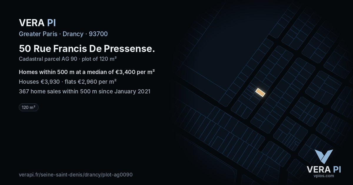 50 Rue Francis De Pressense, Drancy at night – the plot lit, the parcels around coloured by the prices near them