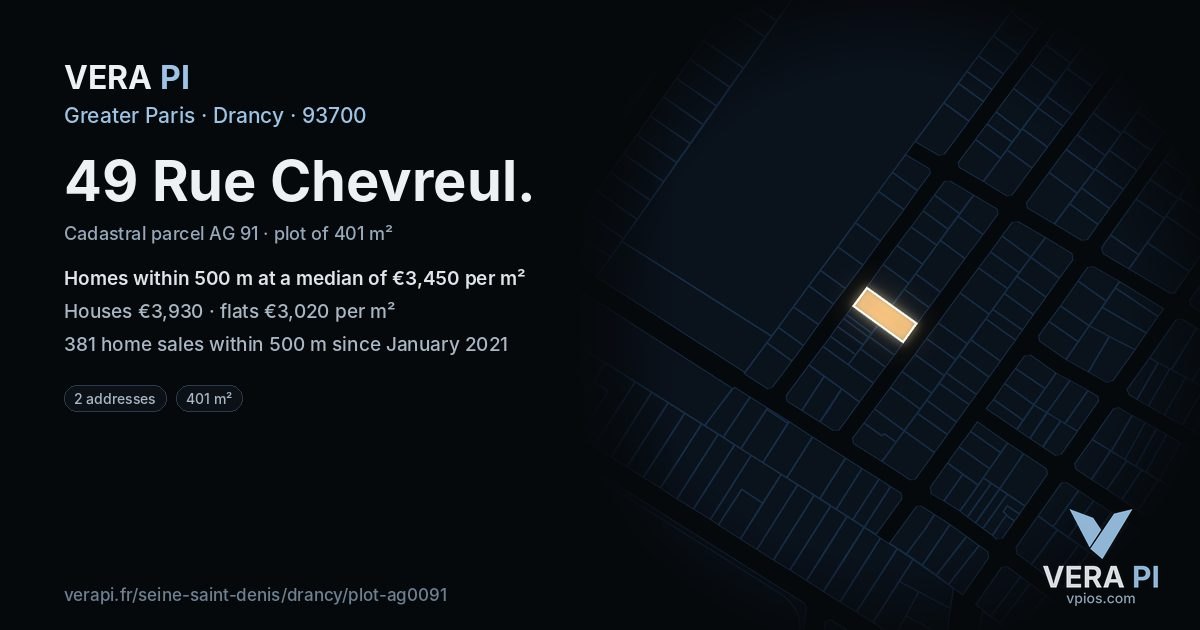 49 Rue Chevreul, Drancy at night – the plot lit, the parcels around coloured by the prices near them
