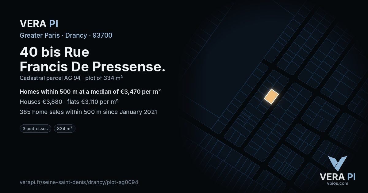40 bis Rue Francis De Pressense, Drancy at night – the plot lit, the parcels around coloured by the prices near them
