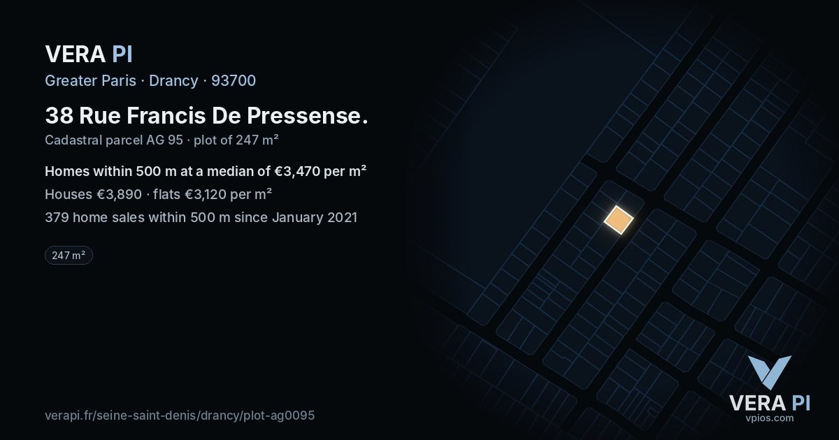 38 Rue Francis De Pressense, Drancy at night – the plot lit, the parcels around coloured by the prices near them
