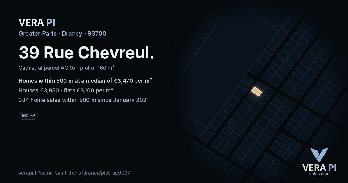 39 Rue Chevreul, Drancy at night – the plot lit, the parcels around coloured by the prices near them