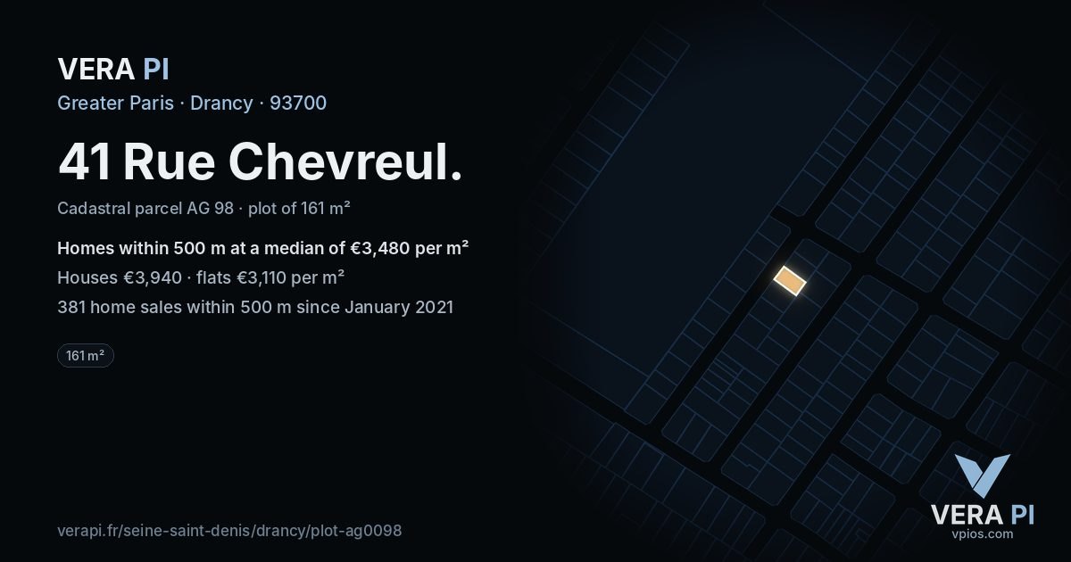 41 Rue Chevreul, Drancy at night – the plot lit, the parcels around coloured by the prices near them