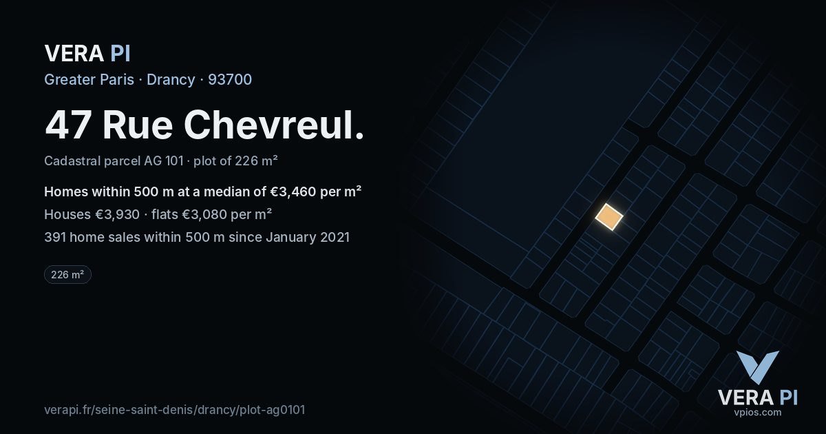 47 Rue Chevreul, Drancy at night – the plot lit, the parcels around coloured by the prices near them
