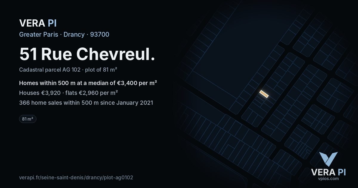 51 Rue Chevreul, Drancy at night – the plot lit, the parcels around coloured by the prices near them