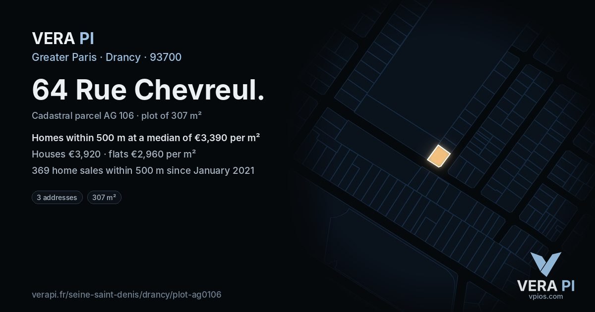 64 Rue Chevreul, Drancy at night – the plot lit, the parcels around coloured by the prices near them