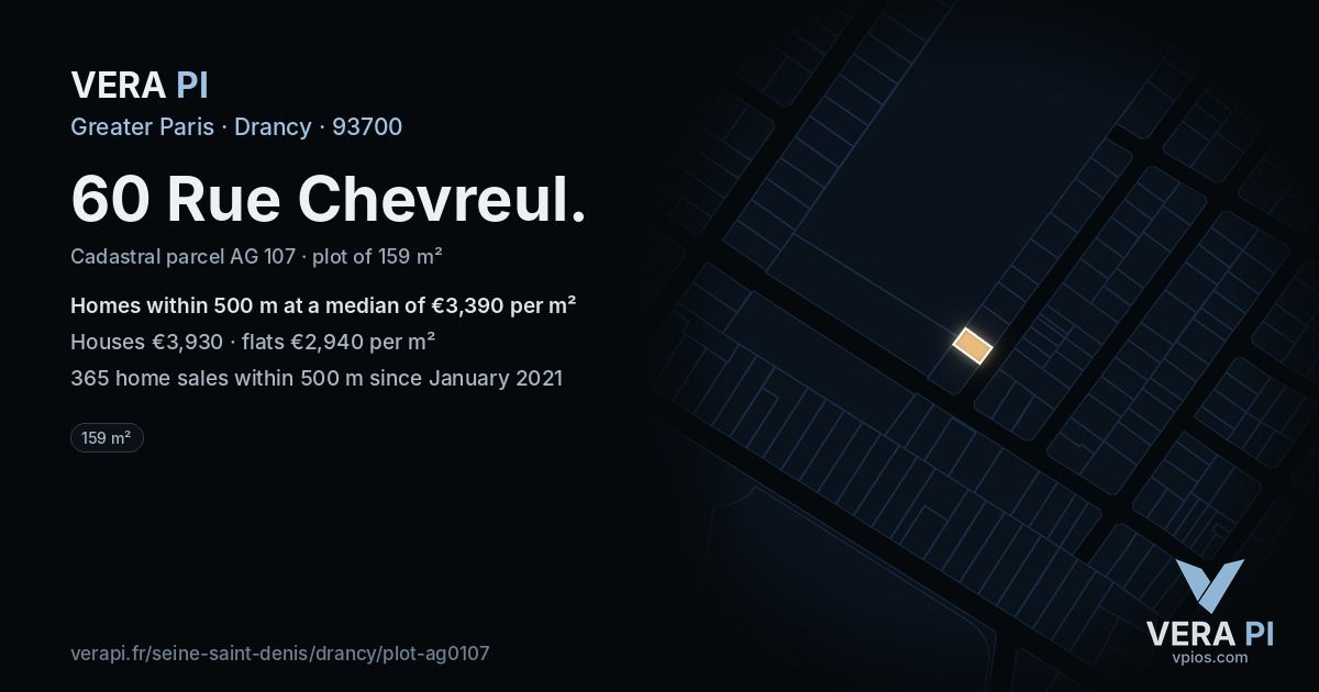 60 Rue Chevreul, Drancy at night – the plot lit, the parcels around coloured by the prices near them
