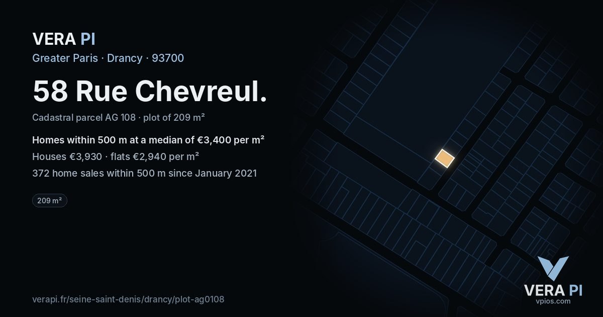 58 Rue Chevreul, Drancy at night – the plot lit, the parcels around coloured by the prices near them