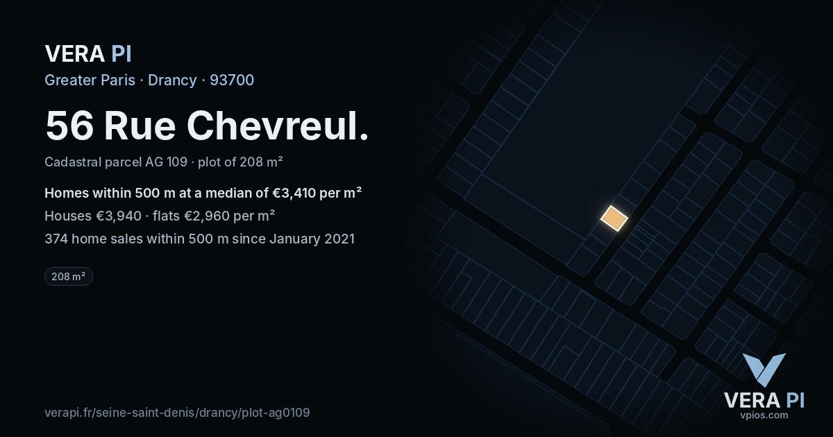 56 Rue Chevreul, Drancy at night – the plot lit, the parcels around coloured by the prices near them