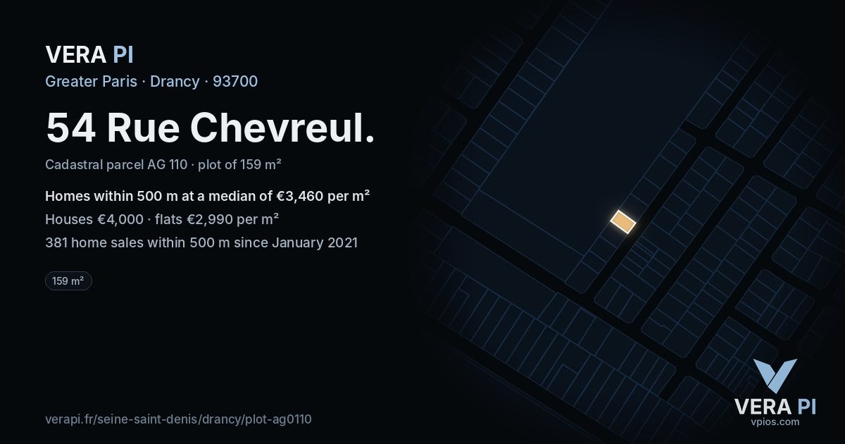 54 Rue Chevreul, Drancy at night – the plot lit, the parcels around coloured by the prices near them