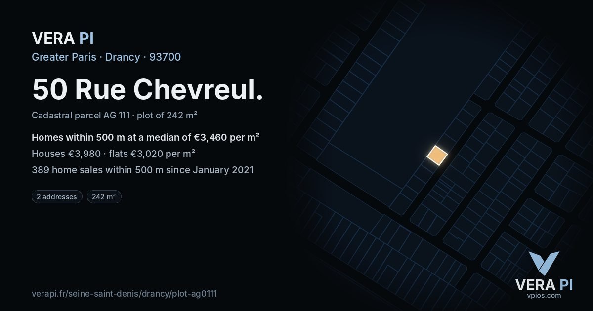 50 Rue Chevreul, Drancy at night – the plot lit, the parcels around coloured by the prices near them
